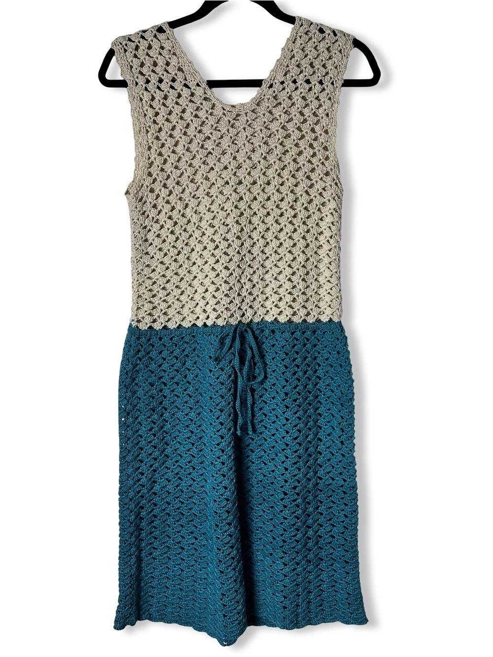 Handmade Crochet Open Weave Dress Swim Cover Up Off White Aqua Sleeveless Boho